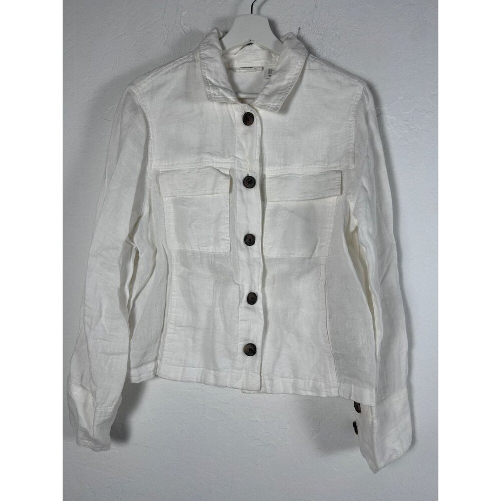 Nicole Miller Womens Linen Button-Up Jacket Large White Pockets Lightweight New
